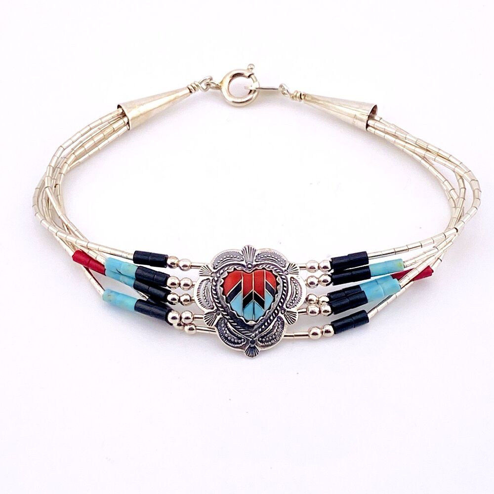 Southwestern Inlay Heart Sterling Silver Bracelet Turquoise Coral Black Stone